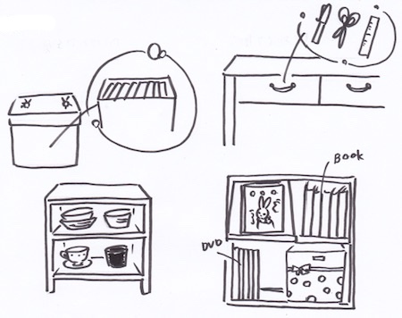 リビングでの見せる収納と見せない収納